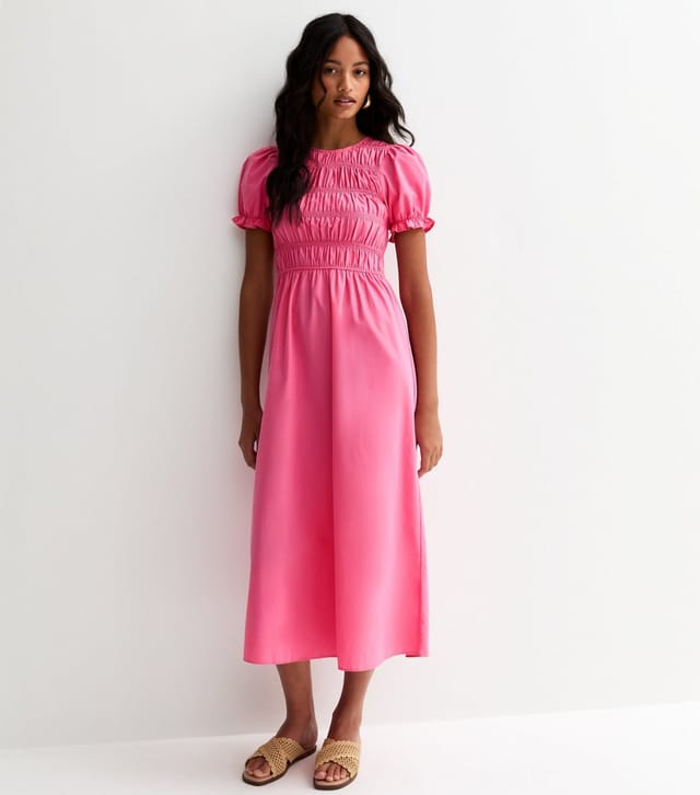 New Look Women's Bright Pink Shirred Poplin Midi Dress New Look - 3