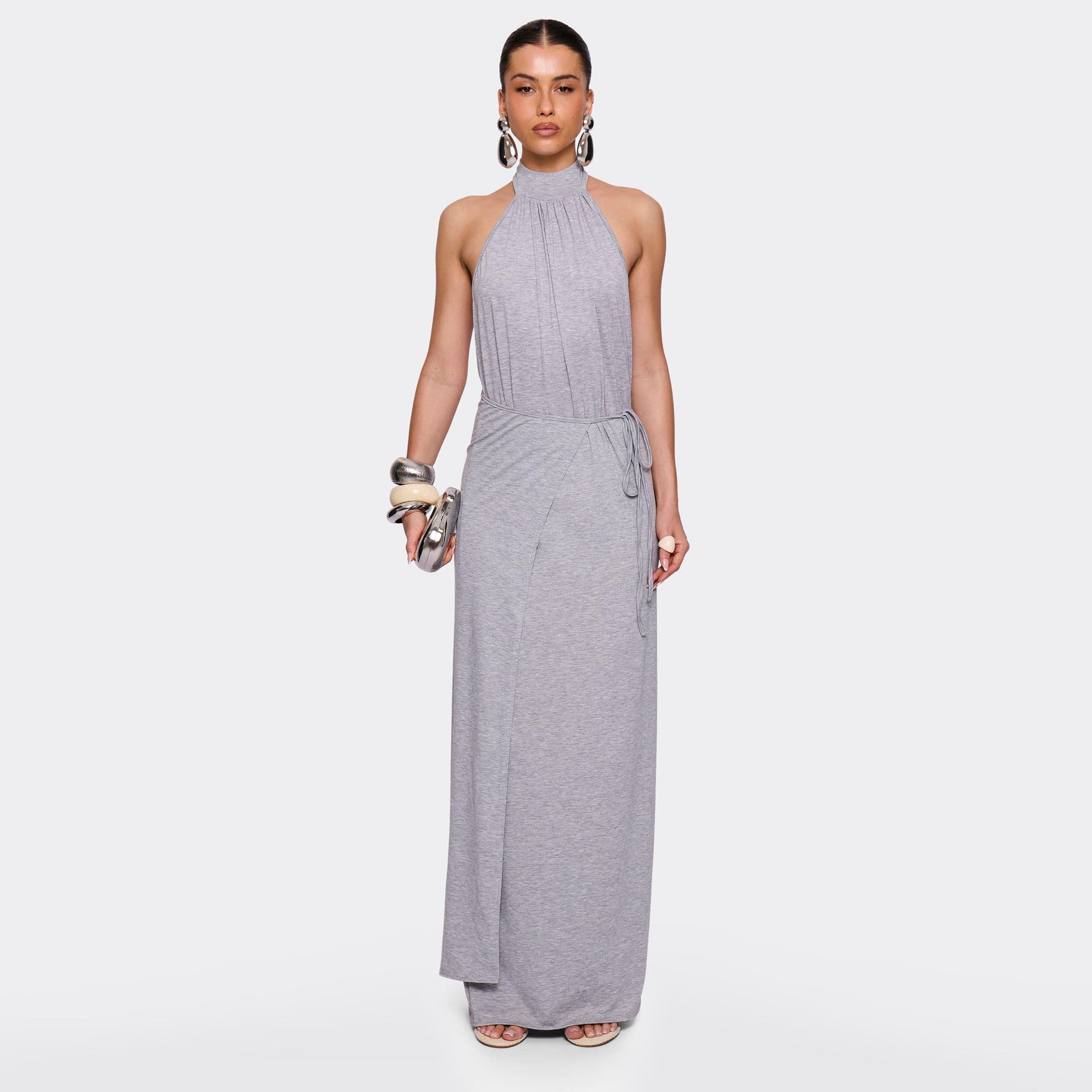 EGO High Neck Sleeveless Wrap Tie Front Maxi Dress In Grey Marl, Women's Size UK L