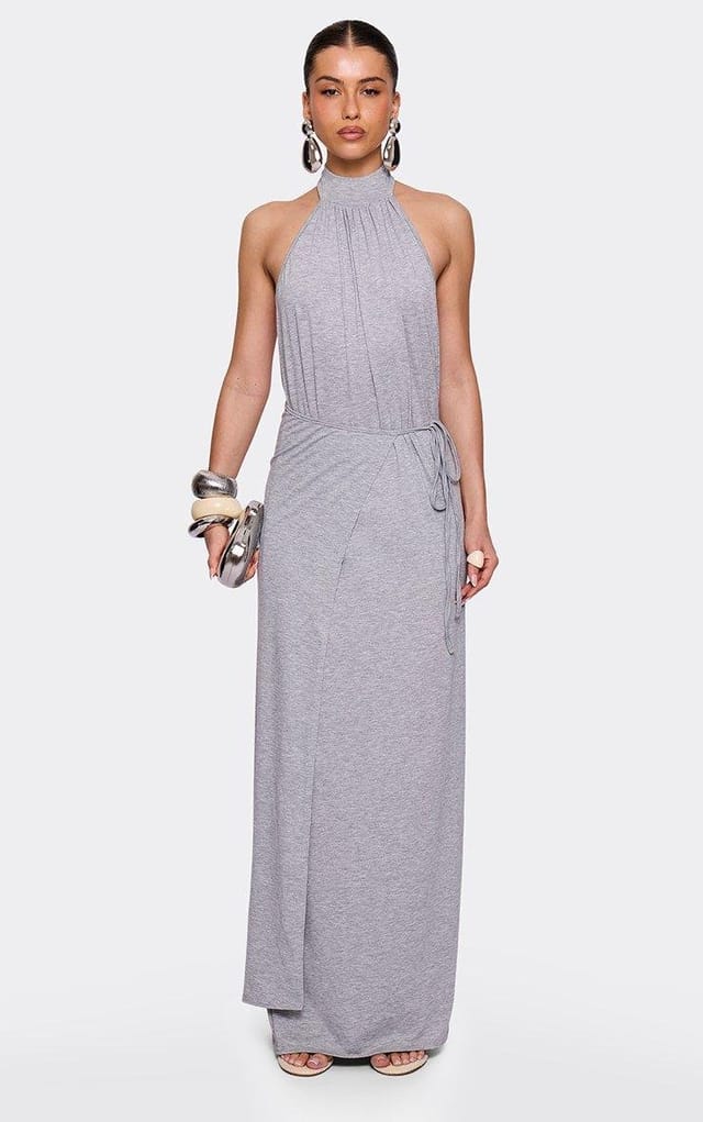 EGO High Neck Sleeveless Wrap Tie Front Maxi Dress In Grey Marl, Women's Size UK L - 2