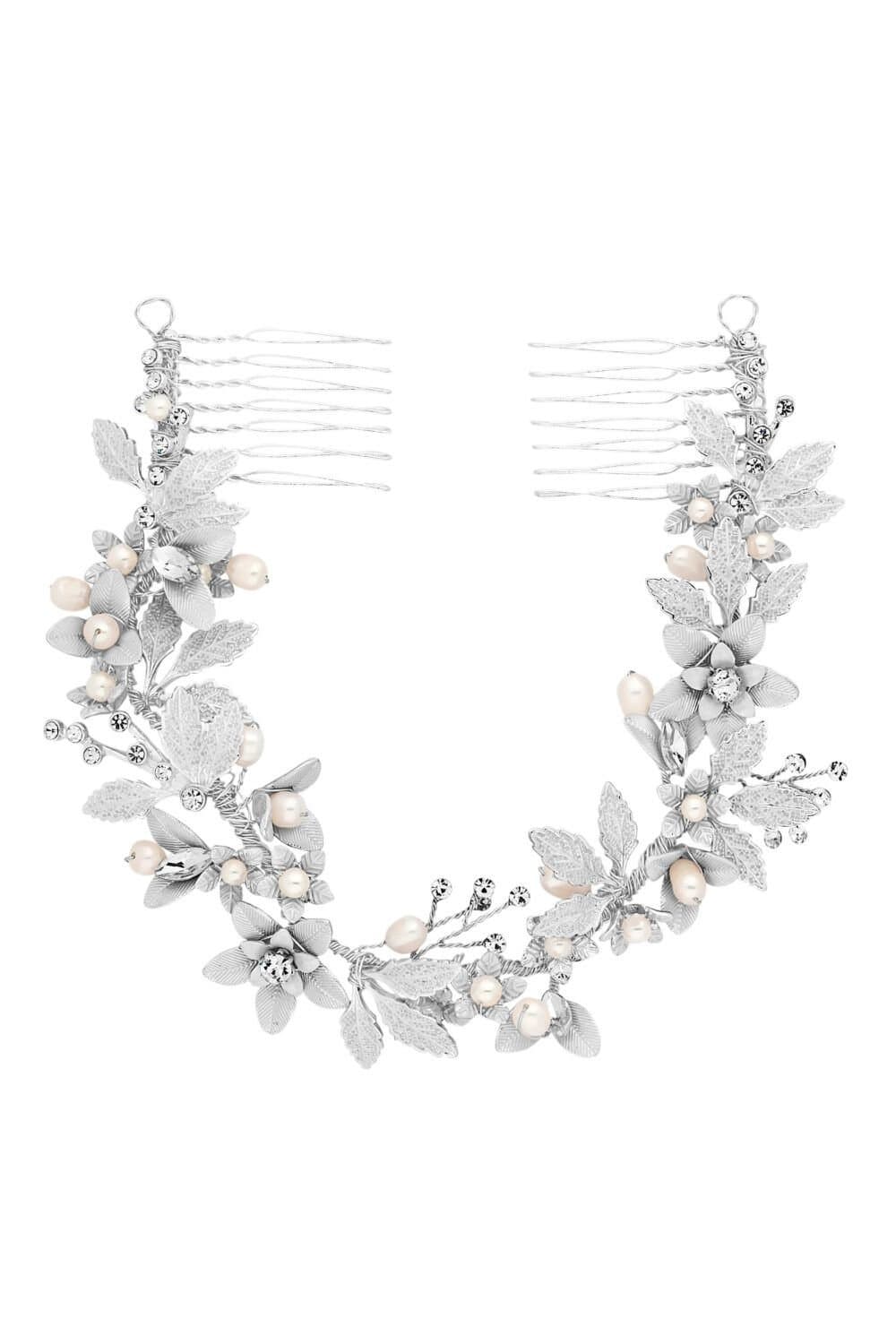 Jon Richard Jon Richard Women's Silver Plated Clara Brushed Leaves Fresh Water Pearl & Crystal Double Comb - Gift Pouch