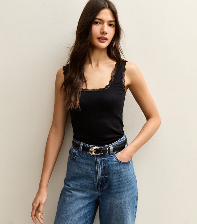 New Look Women's Black Lace Trim Square Neck Tank Top New Look - 3