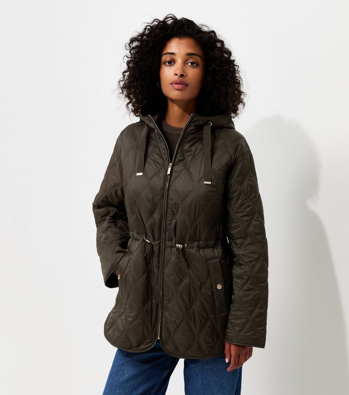 New Look Women's Dark Khaki Quilted Cinched Waist Hooded Jacket New Look