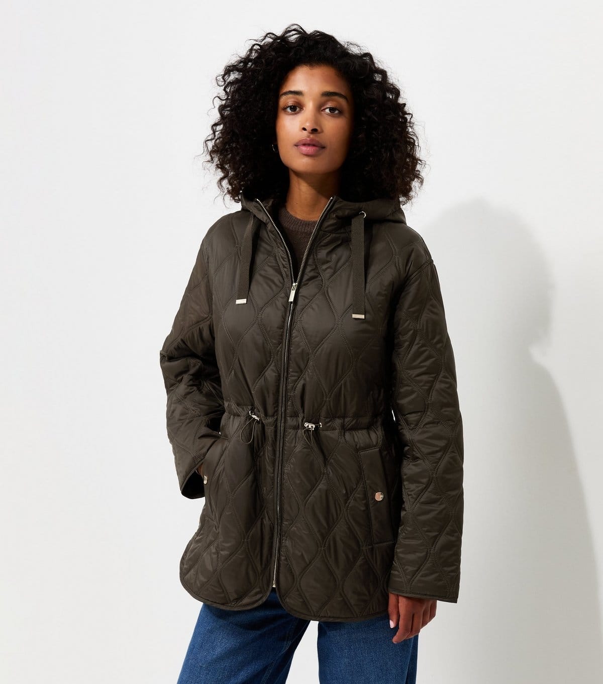 New Look Women's Dark Khaki Quilted Cinched Waist Hooded Jacket New Look - 1