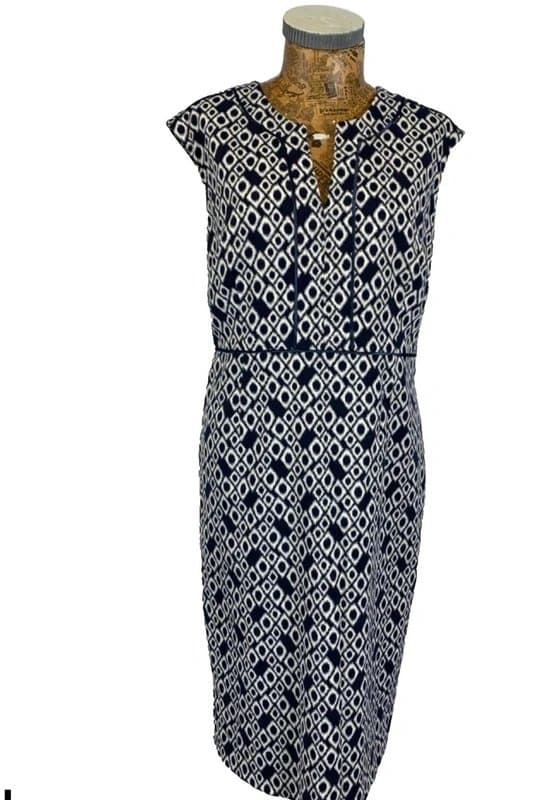 Monsoon Monsoon 16 navy white dress aztec Satin Pipings Ottoman Stretchy Pencil Midi formal