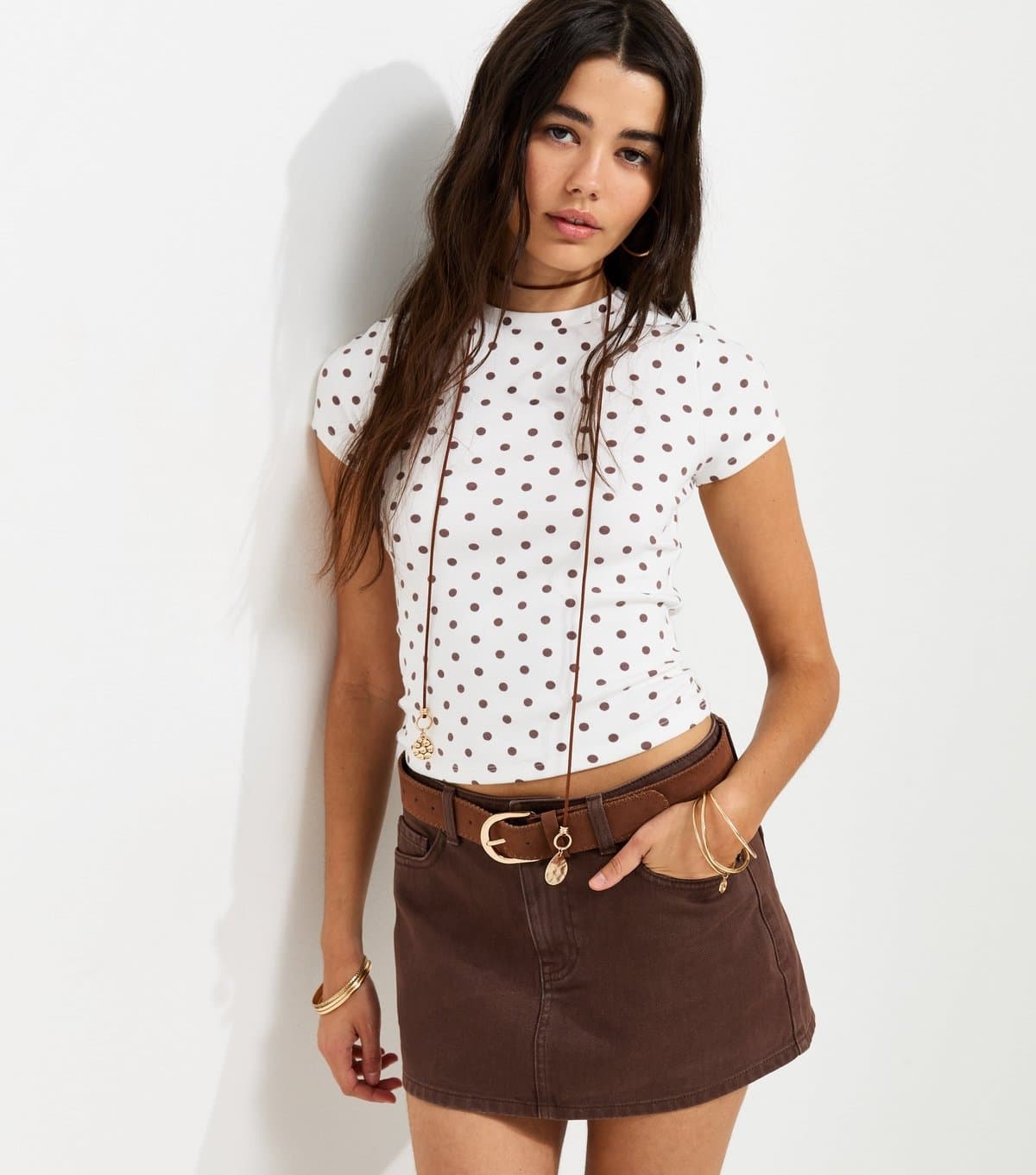 New Look Women's Cream Cotton Rich Spot Print Baby Tee T-Shirt New Look