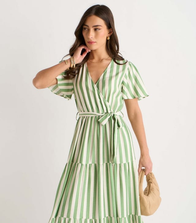 Gini London Women's Light Green Striped Wrap Waist Belted Midi Dress Gini London New Look - 2