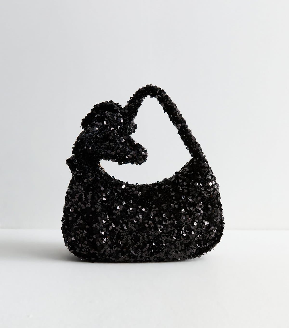 New Look Black Velvet Sequin Bow Grab Handle Clutch Bag New Look