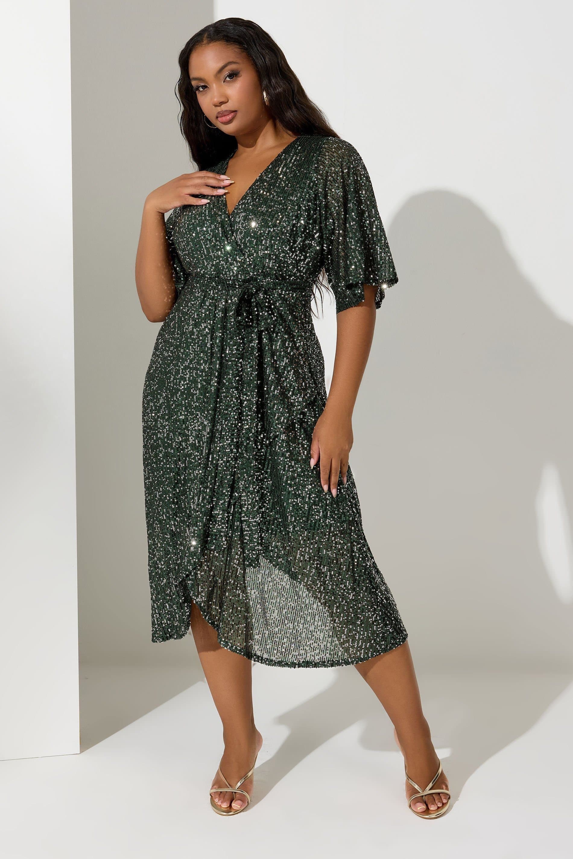 Yours Yours Women's Sequin Wrap Dress in Green