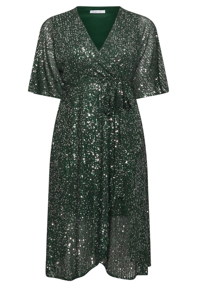 Yours Yours Women's Sequin Wrap Dress in Green - 2