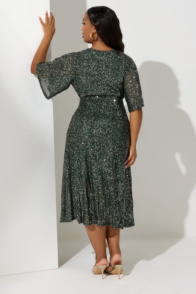 Yours Yours Women's Sequin Wrap Dress in Green - 3