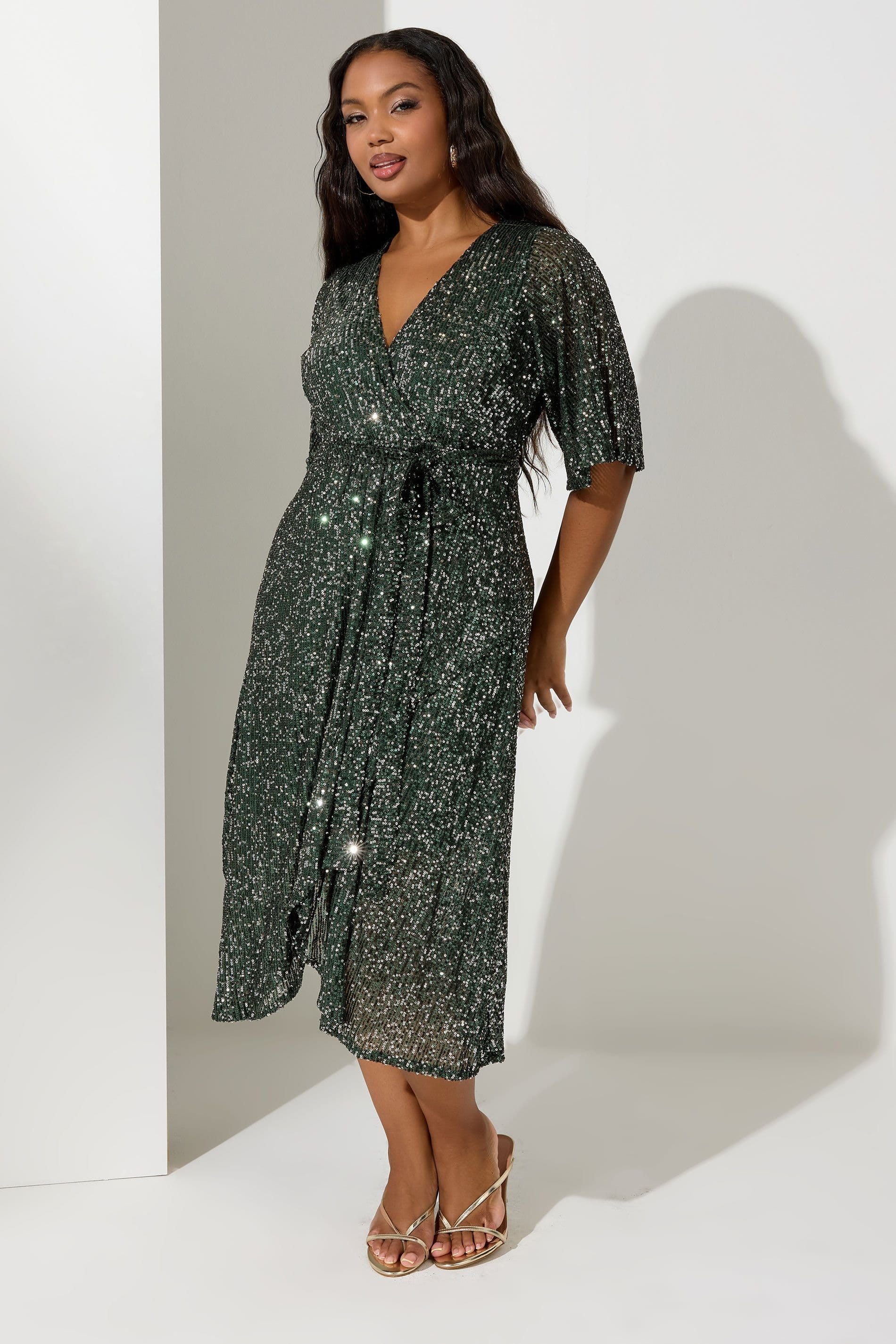 Yours Yours Women's Sequin Wrap Dress in Green - 4