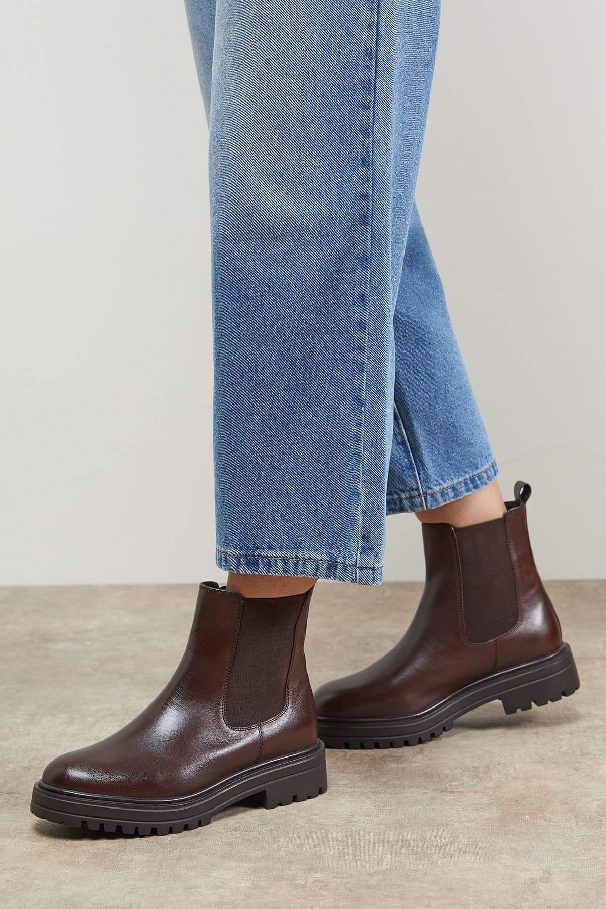 Oasis Oasis Women's Lola Real Leather Chunky Chelsea Boots in Brown