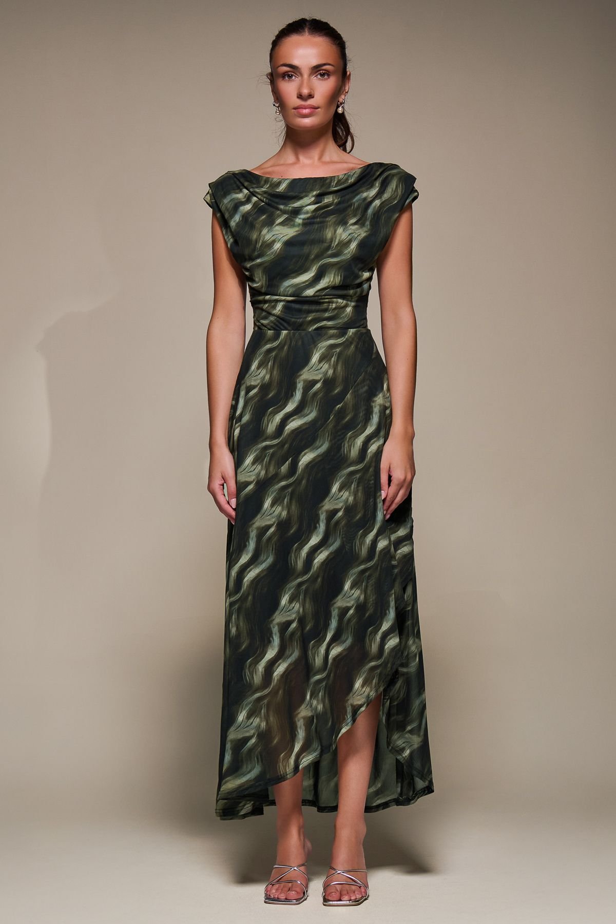 Jolie Moi Jolie Moi Women's Asymmetric Draped Mesh Maxi Dress in Khaki - 4