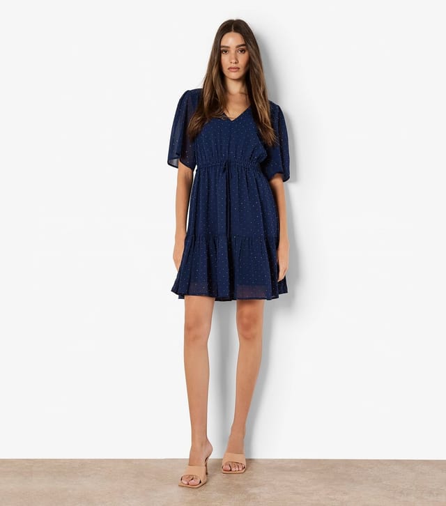 Apricot Women's Navy Polka Dot Drawstring Waist Chiffon Dress Apricot New Look - 2