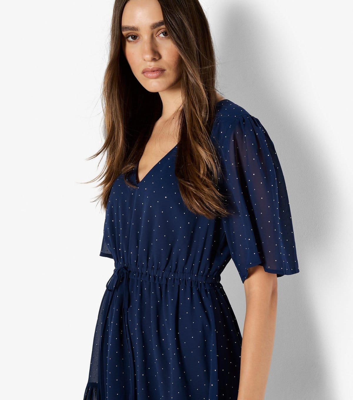 Apricot Women's Navy Polka Dot Drawstring Waist Chiffon Dress Apricot New Look - 4