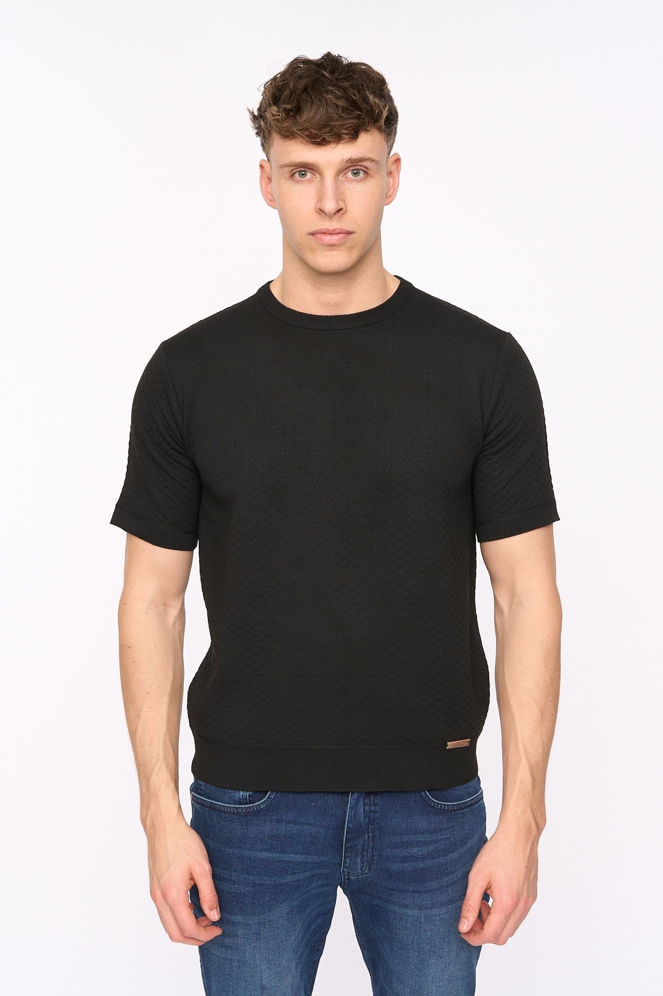 Duck&Cover Duck&Cover Men's Mataso Structured Knitted T-Shirt with Metal Badge in Black