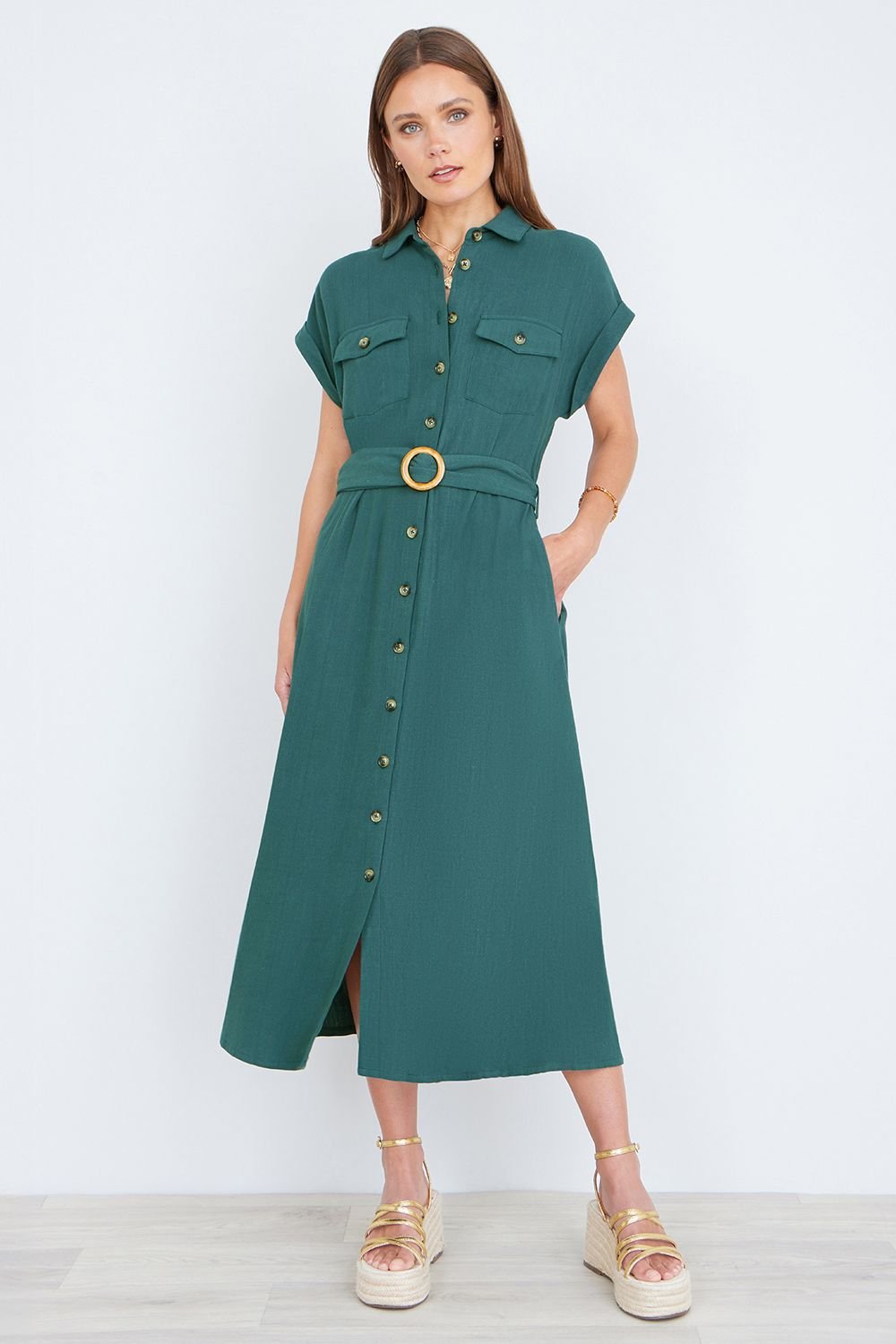 Yumi Yumi Women's Green Viscose Linen Look Midi Shirt Dress With Wooden Belt - 2