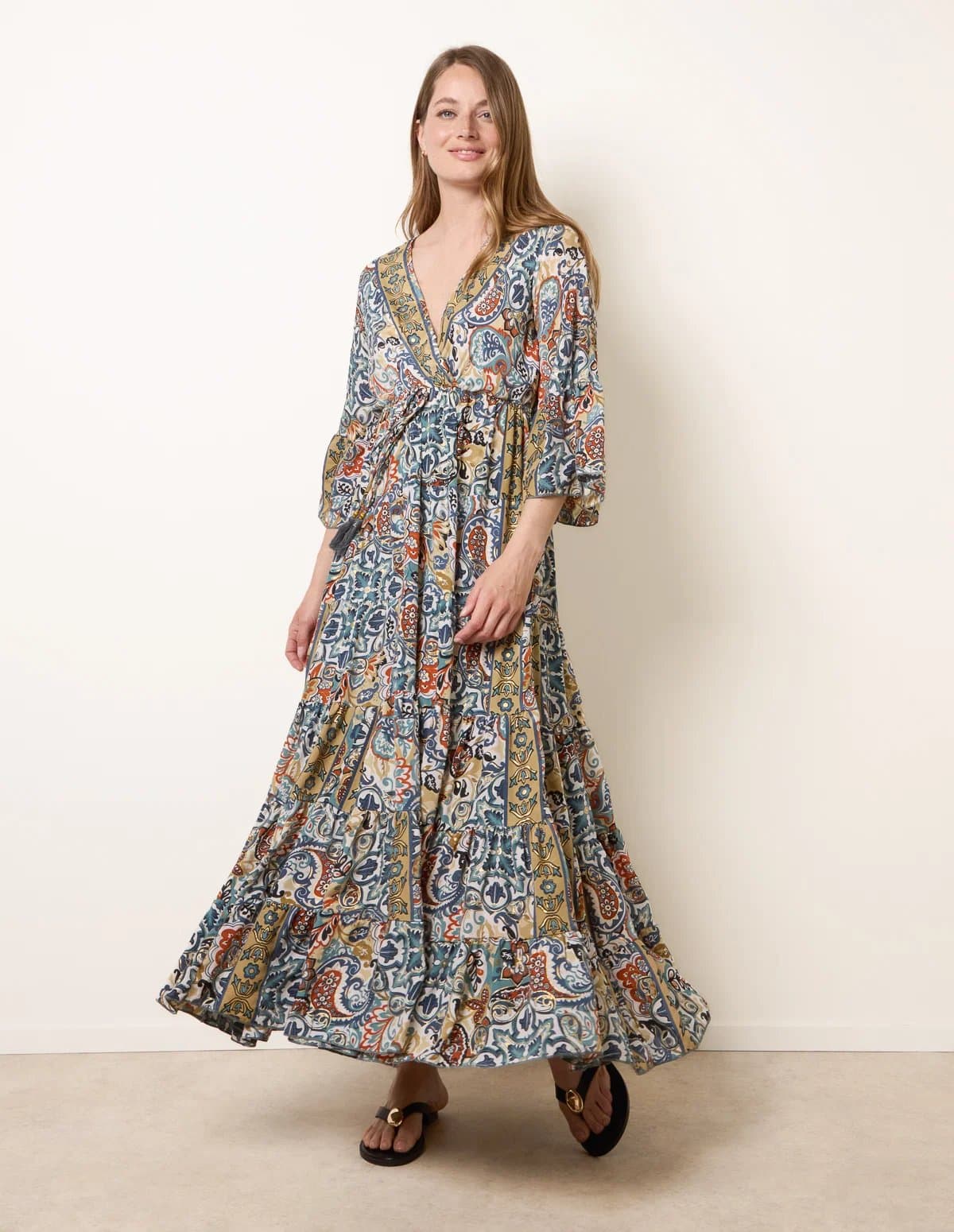 Blue Vanilla Wrap Over Tiered Art Silk Dress