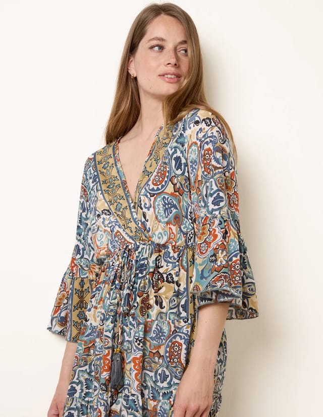 Blue Vanilla Wrap Over Tiered Art Silk Dress - 2