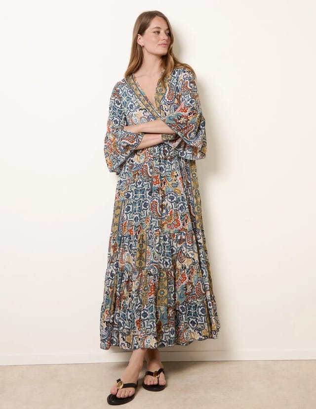 Blue Vanilla Wrap Over Tiered Art Silk Dress - 3