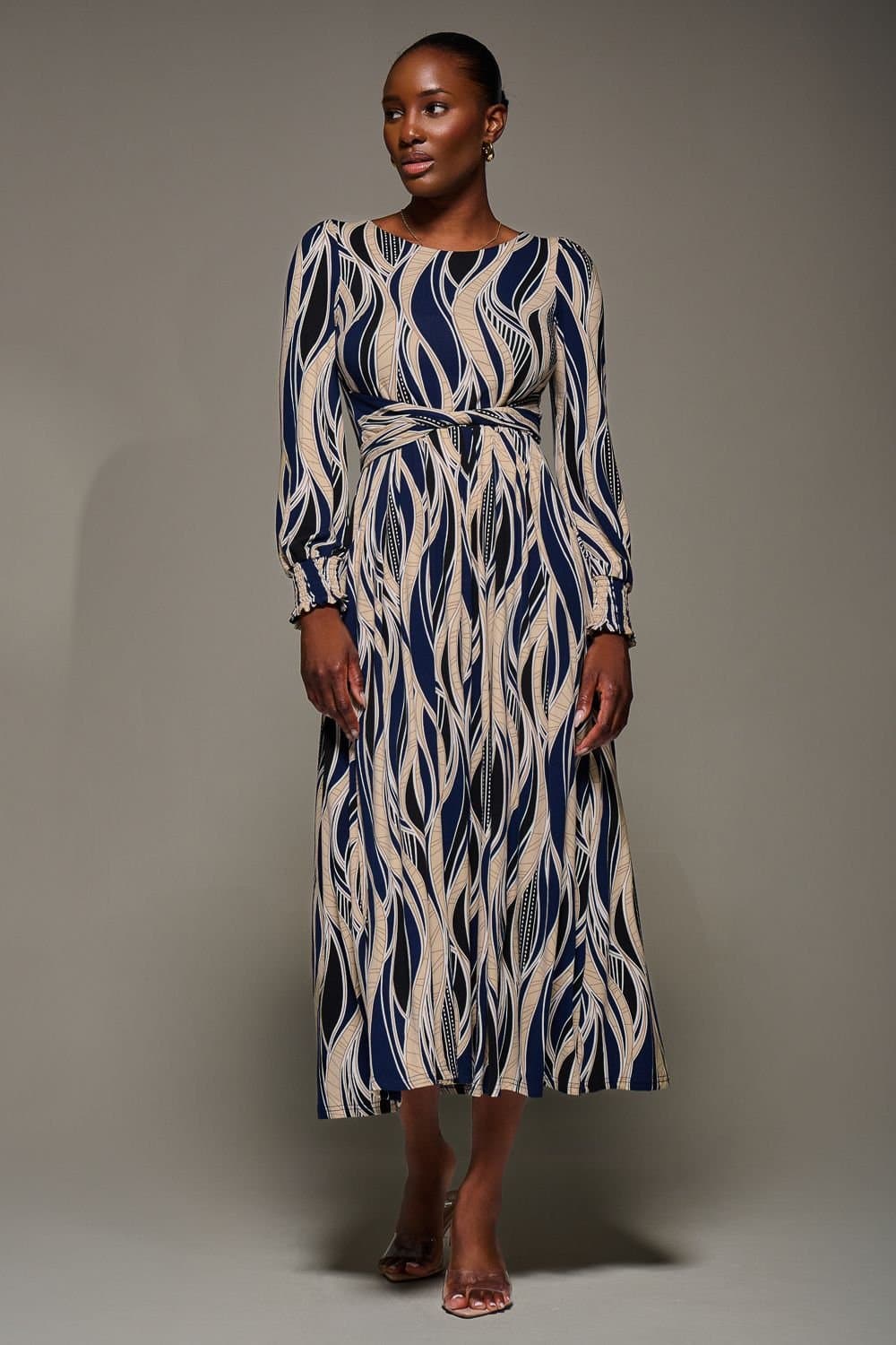 Jolie Moi Jolie Moi Women's Jersey Belted Long Sleeve Maxi Dress in Navy