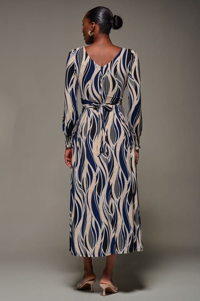 Jolie Moi Jolie Moi Women's Jersey Belted Long Sleeve Maxi Dress in Navy - 2