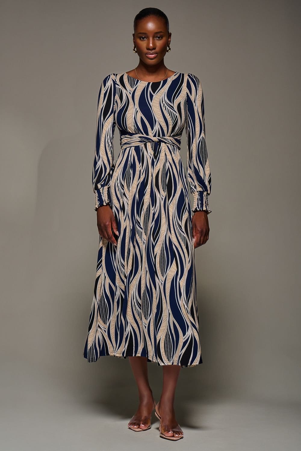 Jolie Moi Jolie Moi Women's Jersey Belted Long Sleeve Maxi Dress in Navy - 4