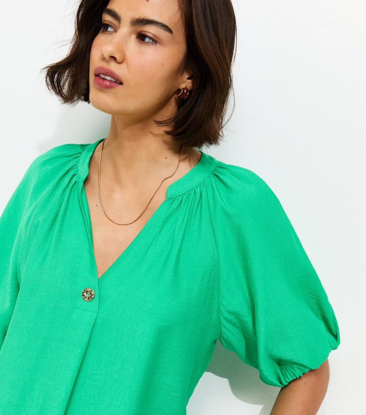 New Look Women's Bright Green Puff Sleeve V-Neck Blouse New Look