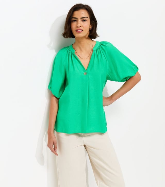 New Look Women's Bright Green Puff Sleeve V-Neck Blouse New Look - 2