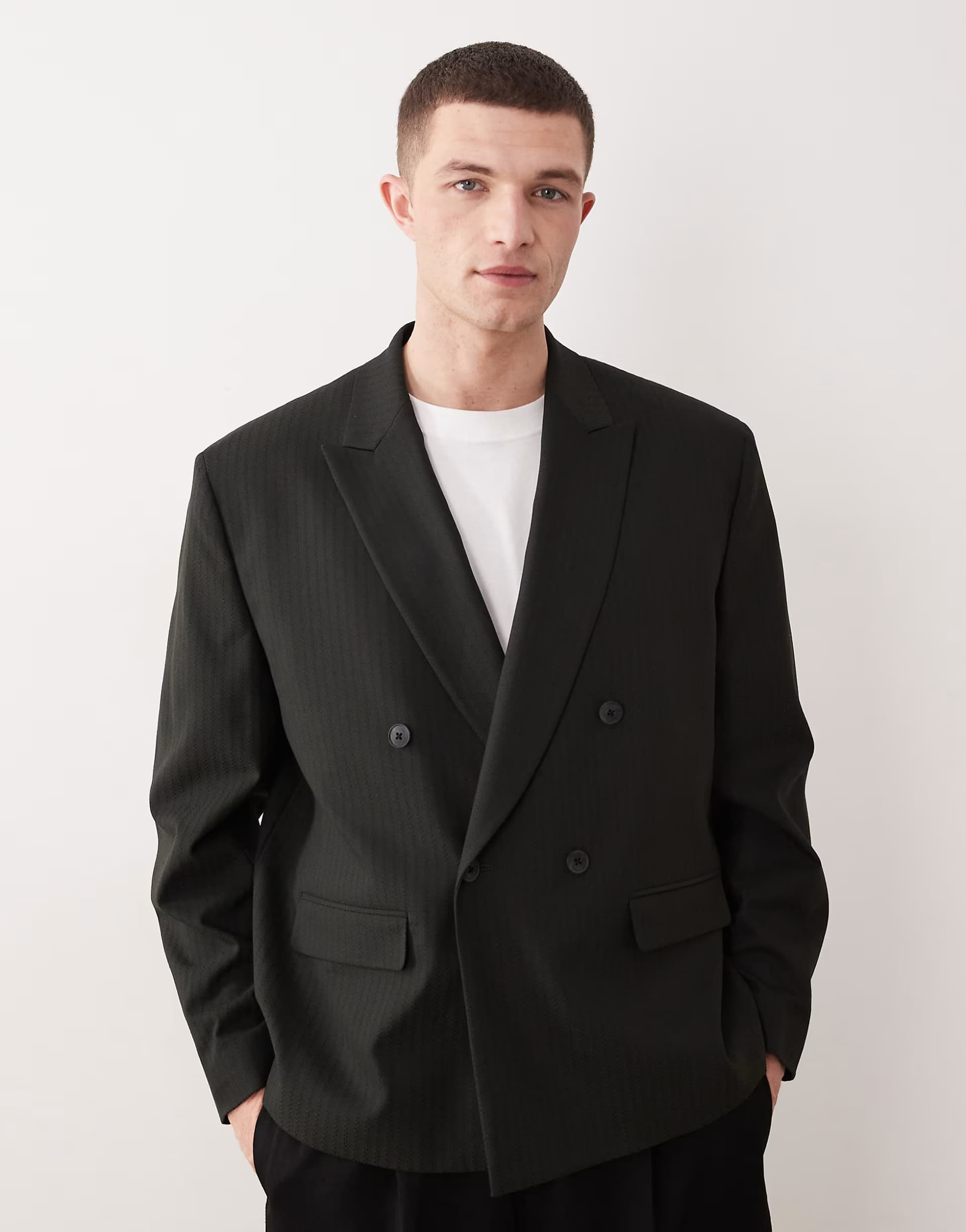 ASOS ASOS DESIGN double breasted boxy suit jacket in dark green pinstripe