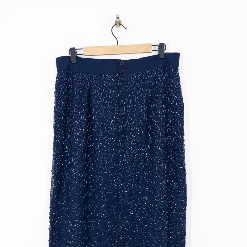 WINDSMOOR Windsmoor Pure Silk Beaded Maxi Skirt Size 16 18 Navy Blue Embellished Vintage