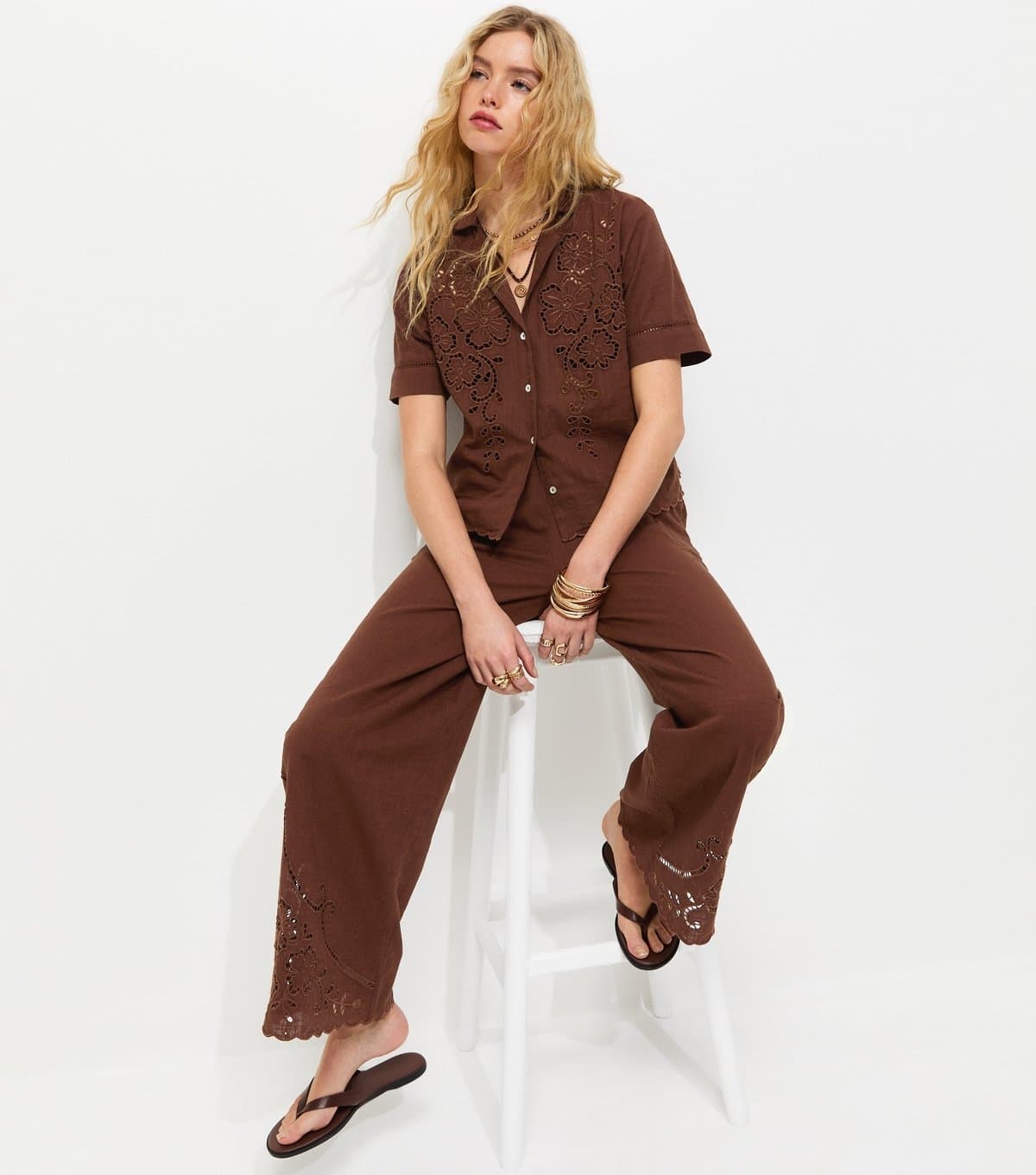New Look Women's Brown Wide Leg Broderie Wide Leg Trousers New Look