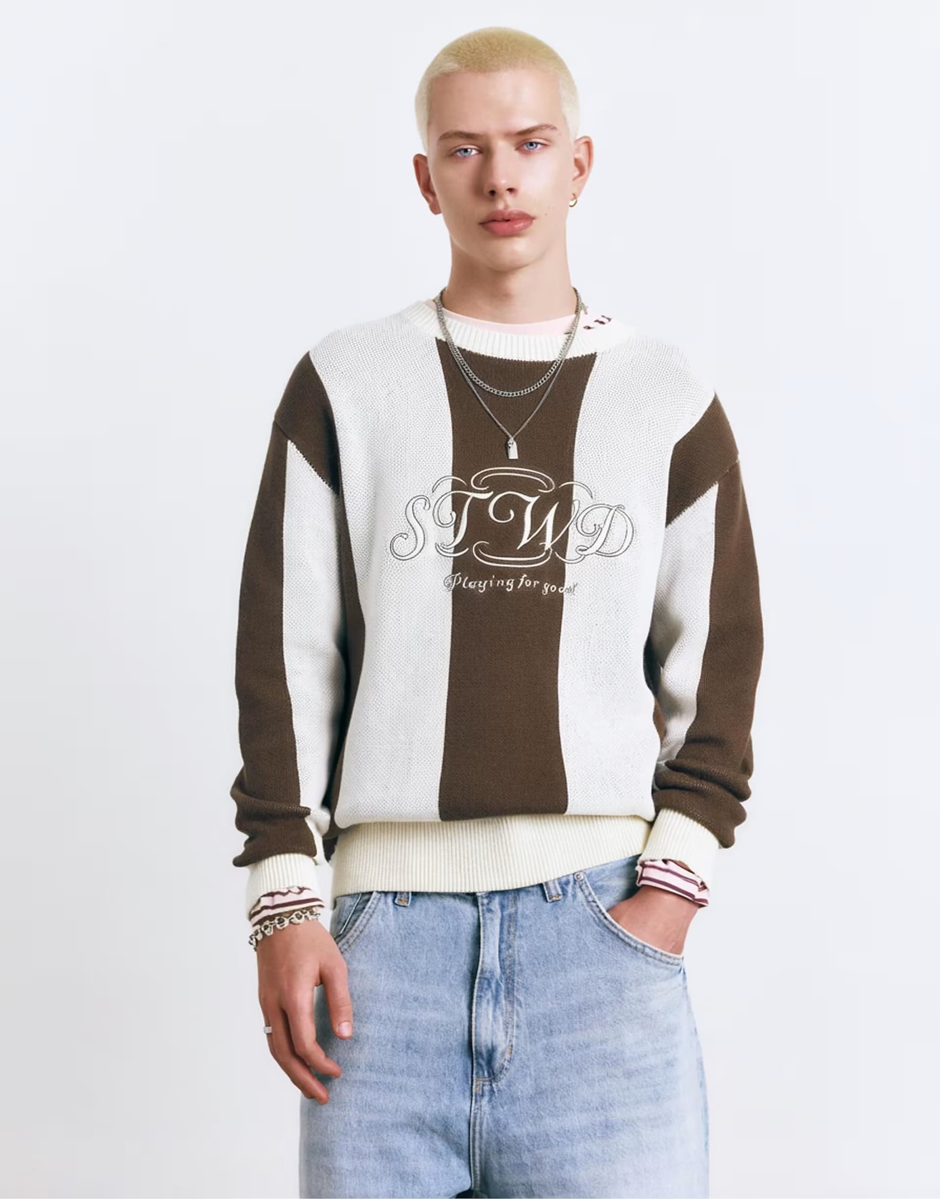 ASOS Pull&Bear Stwd striped jumper in off white