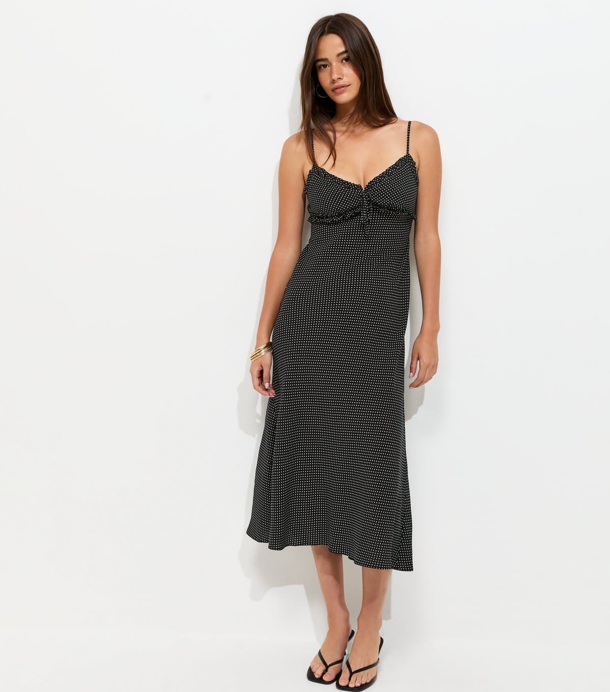 New Look Women's Black Polka Dot Strappy Frill Trim Midi Dress New Look