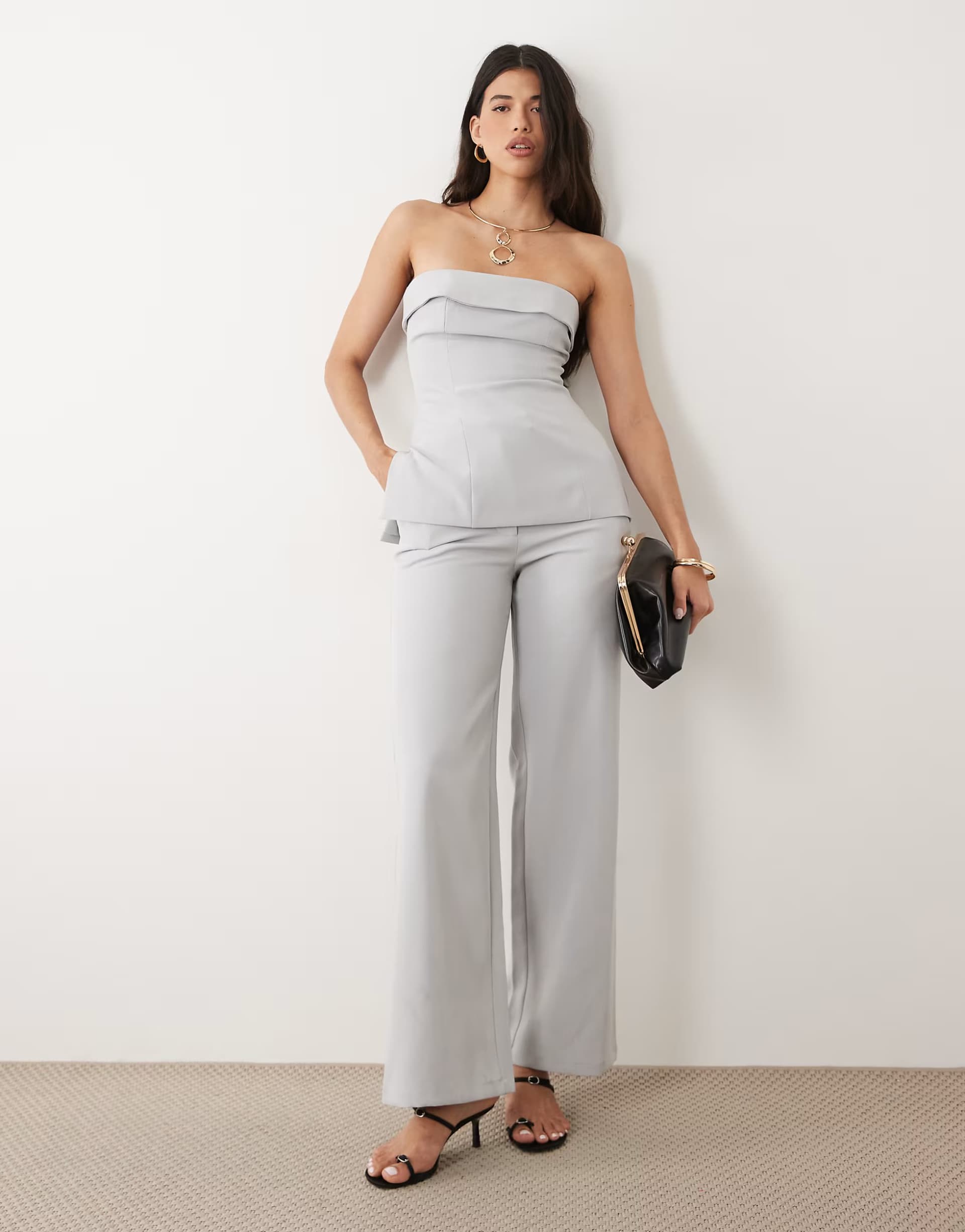 ASOS Kaiia exclusive tailored straight leg trousers co-ord in light grey