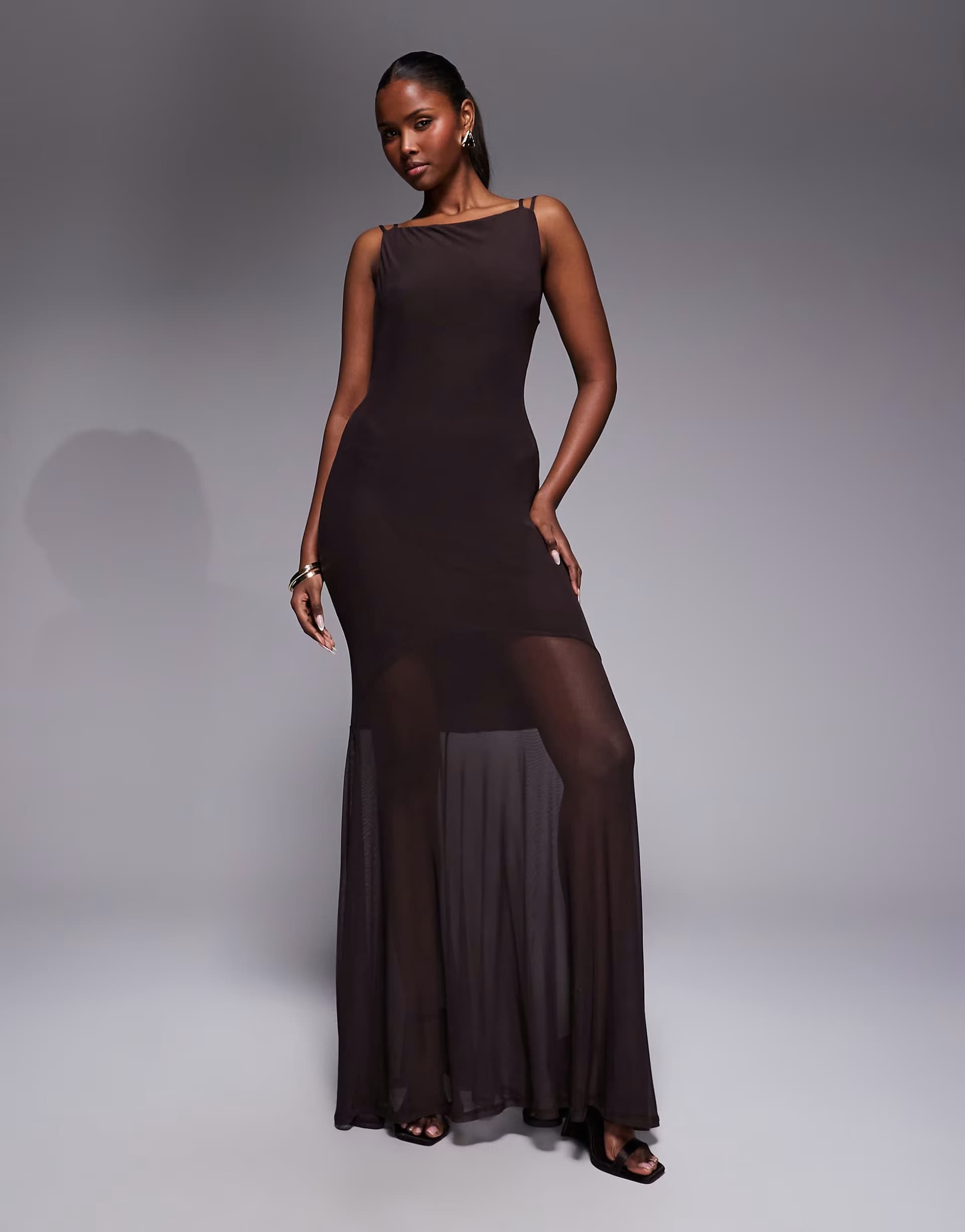 ASOS ASOS DESIGN mesh high neck  maxi dress with open back and double strap detail in chocolate
