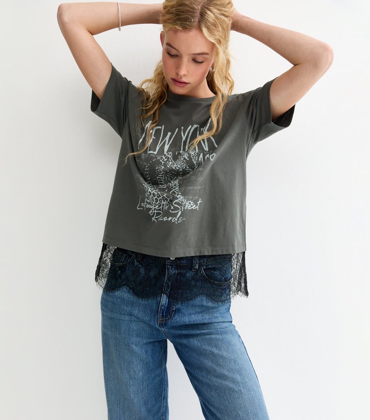 New Look Women's Grey New York Leopard Print Lace Trim T-Shirt New Look