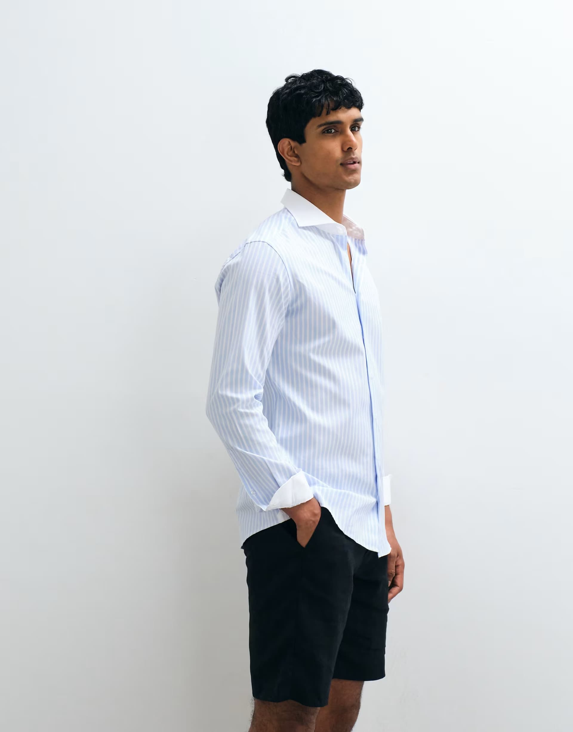 ASOS Mango 100% cotton contrast trim long sleeve striped shirt in light blue