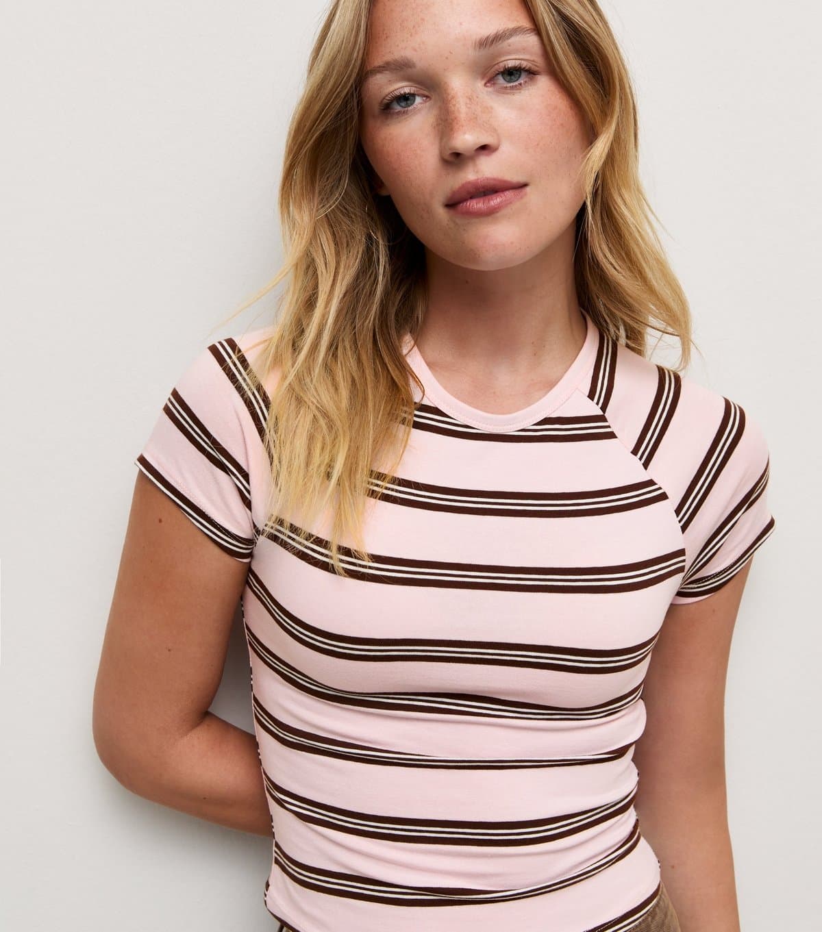 New Look Women's Pink Cotton Rich Striped Raglan Baby Tee New Look