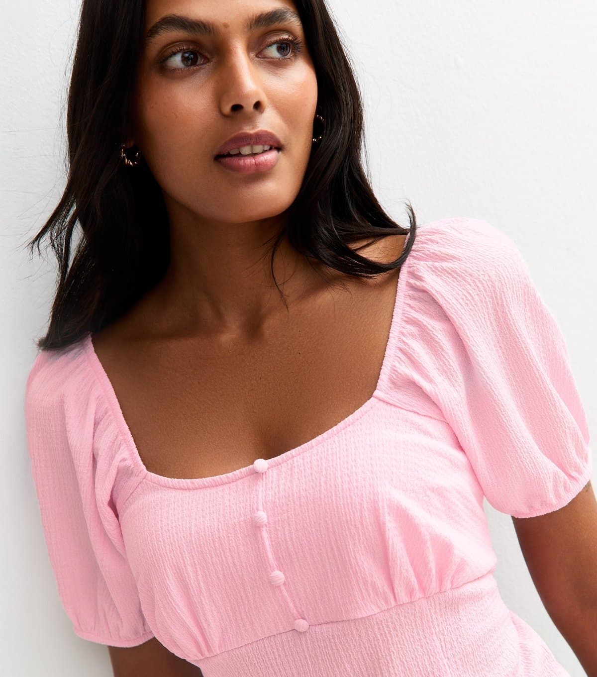 New Look Women's Pink Crinkle Jersey Button Front Top New Look