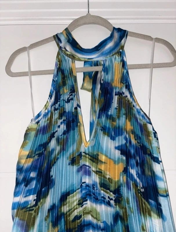 Never Fully Dressed Blue Pattern Pleated Halter Neck Hi-Low Maxi