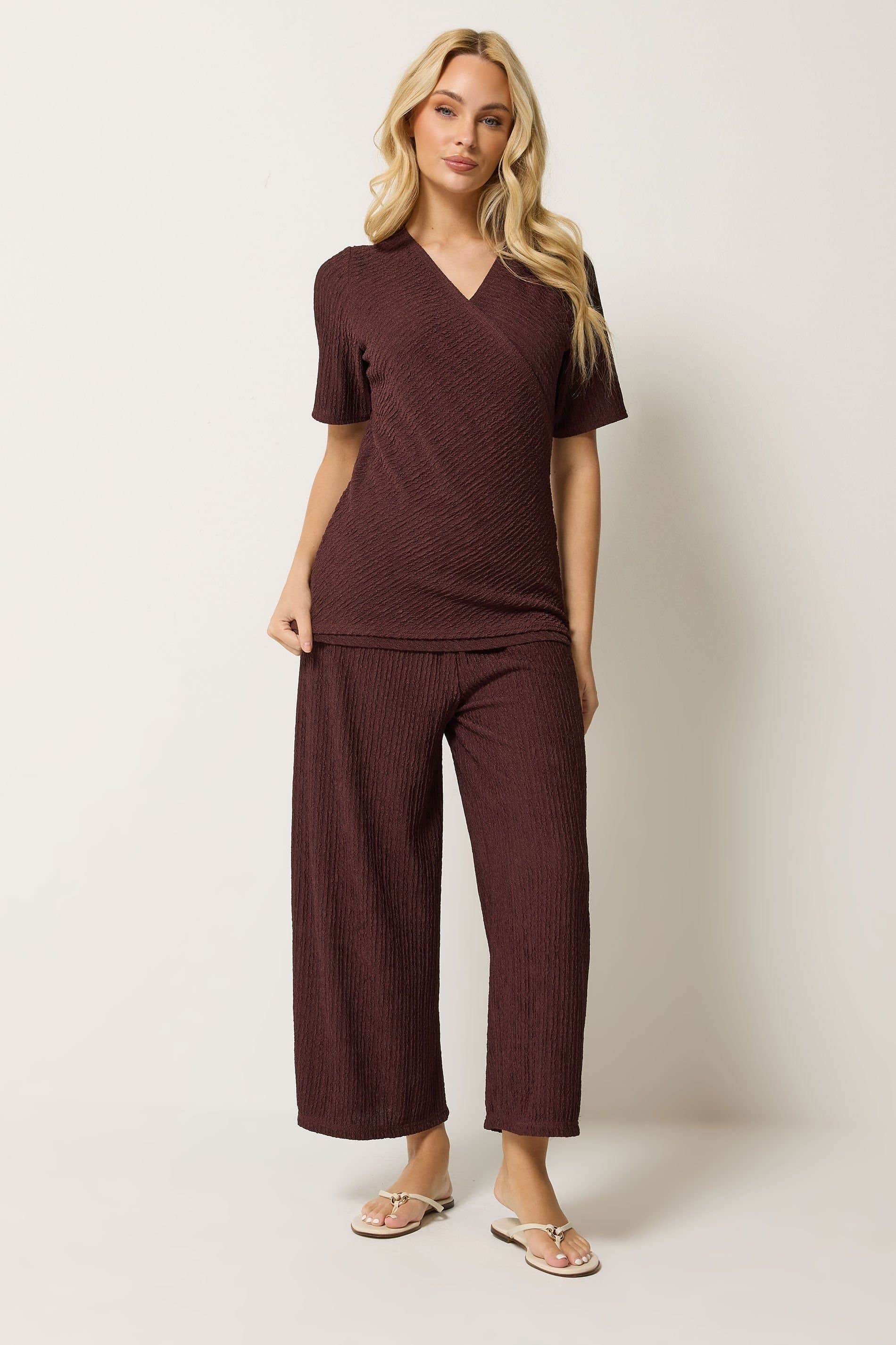 M&Co M&Co Women's Textured Top & Trousers Set in Dark Brown