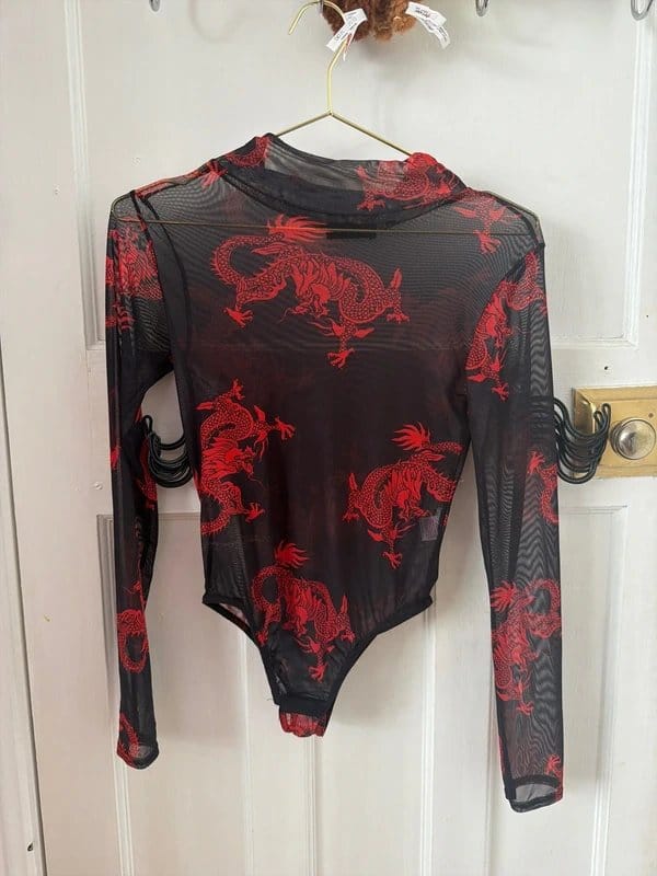 PrettyLittleThing Mesh red and black dragon bodysuit - 1
