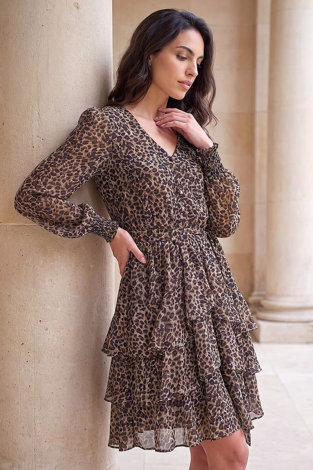 Dusk Dusk Women's Animal Print Tie Waist Dress in Camel