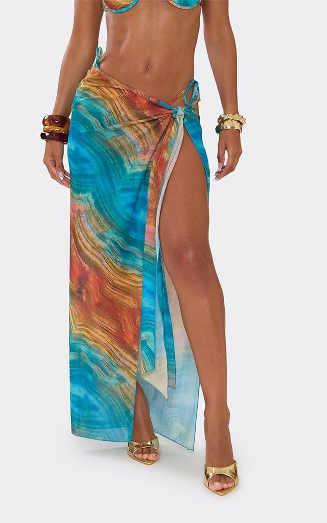 EGO Tie Side Sarong In Multi Abstract Print, Women's Size UK 6 - 2