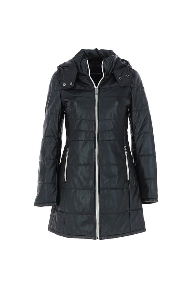 Monomoi Monomoi Women's 'Sofia' Detachable Hood Three Quarter Leather Jacket in Black - 2