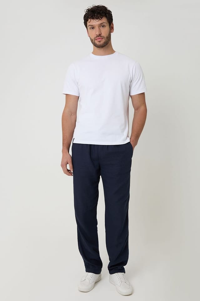 Threadbare Threadbare Men's Linen Blend Drawcord Trousers in Navy - 3