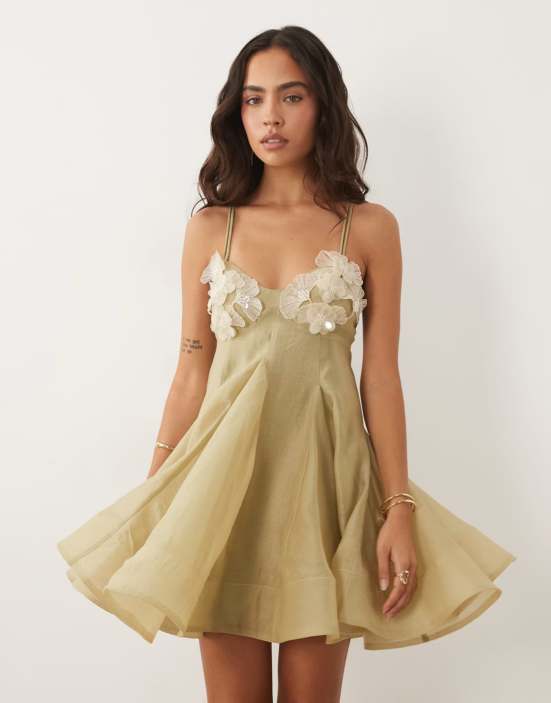 ASOS Beige Organza Mini Dress with Floral Bust Detail