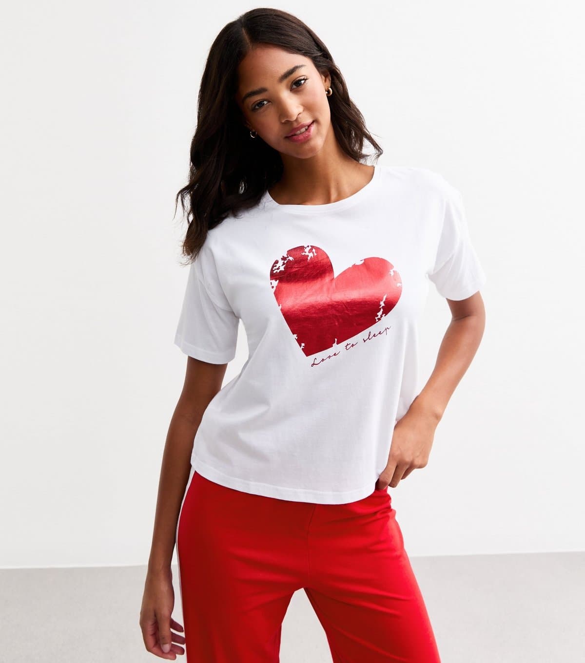 New Look Women's Red Foil Heart Striped Long Pyjama Set New Look