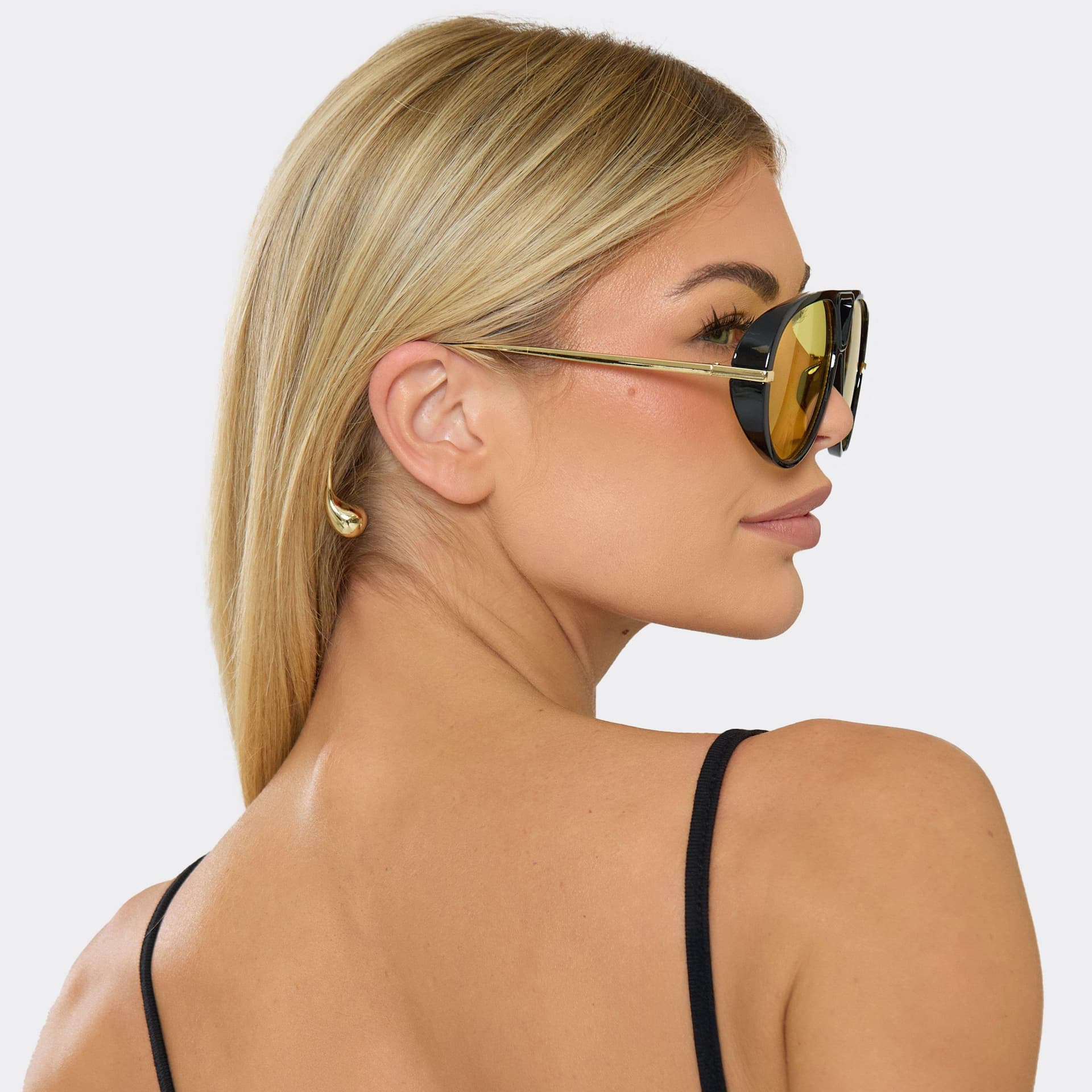 EGO Oversized Gold Frame Yellow Tinted Lense Sunglasses In Black, Women's Size UK 0